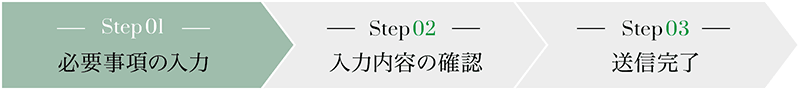 step01 必要事項の入力 step02 入力内容の確認 step03 送信完了